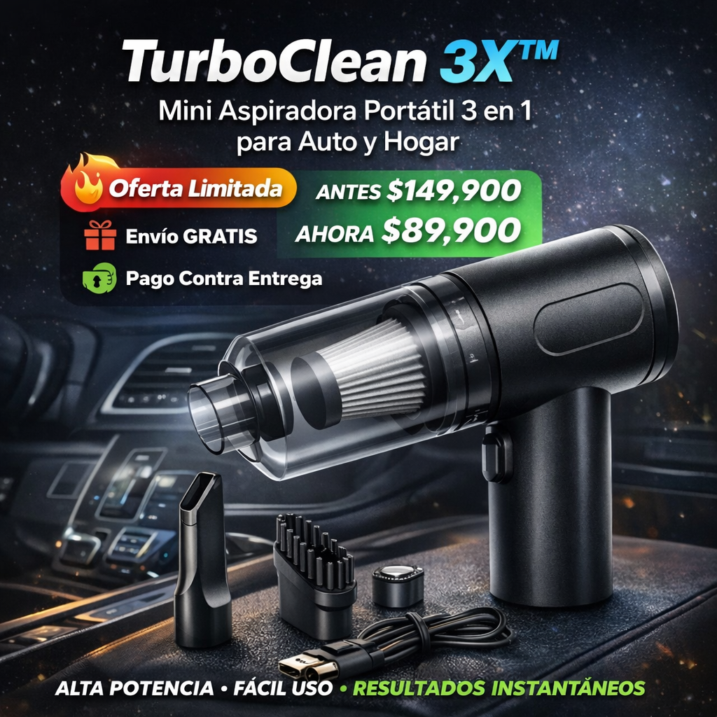 TurboClean 3X™ – Mini Aspiradora Portátil 3 en 1 para Auto y Hogar